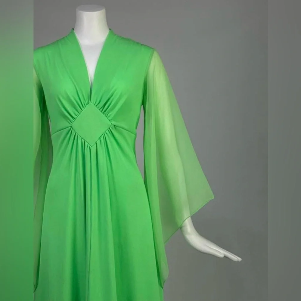 Vintage 1970's Neon lime green maxi dress with sheer draped angel sleeves. M-L